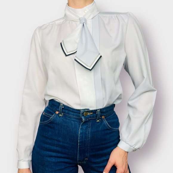 Vintage‎ 80s Grant Park Gray and White Two Tone Blouse - Picture 1 of 6